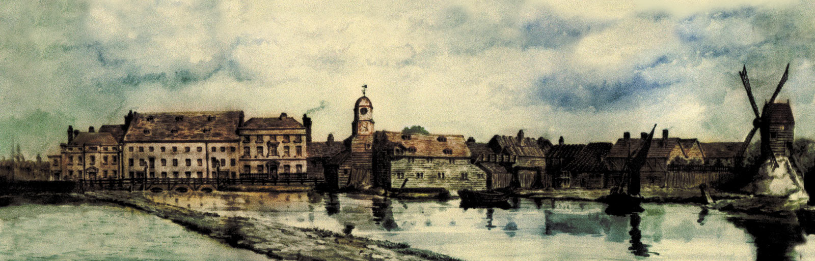 A 19th-century watercolour of Three Mills seen from the river, with the clock tower and a windmill.